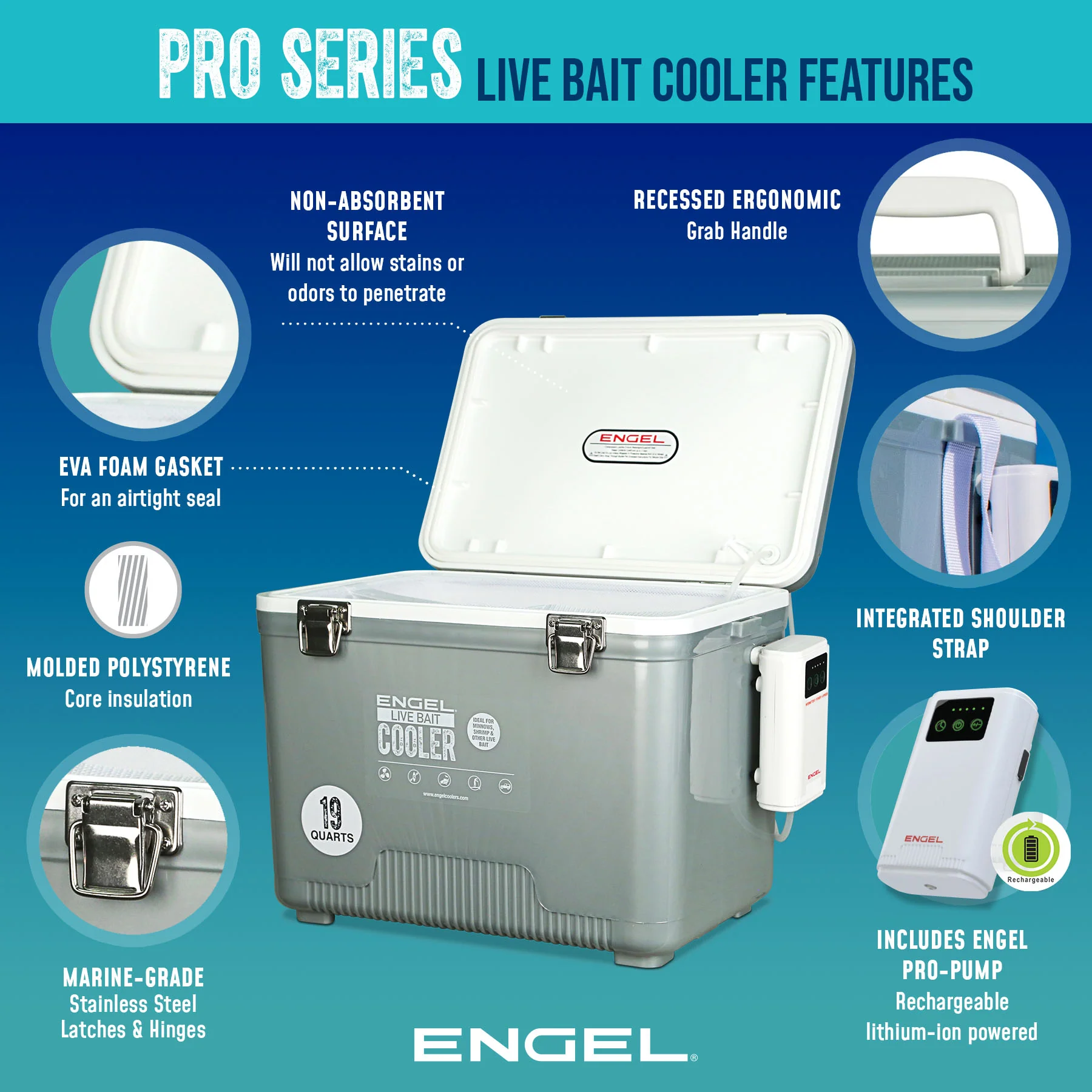 Engel 13Qt Live bait Pro Cooler with AP3 Rechargeable Aerator & Stainless Hardware - Image 4