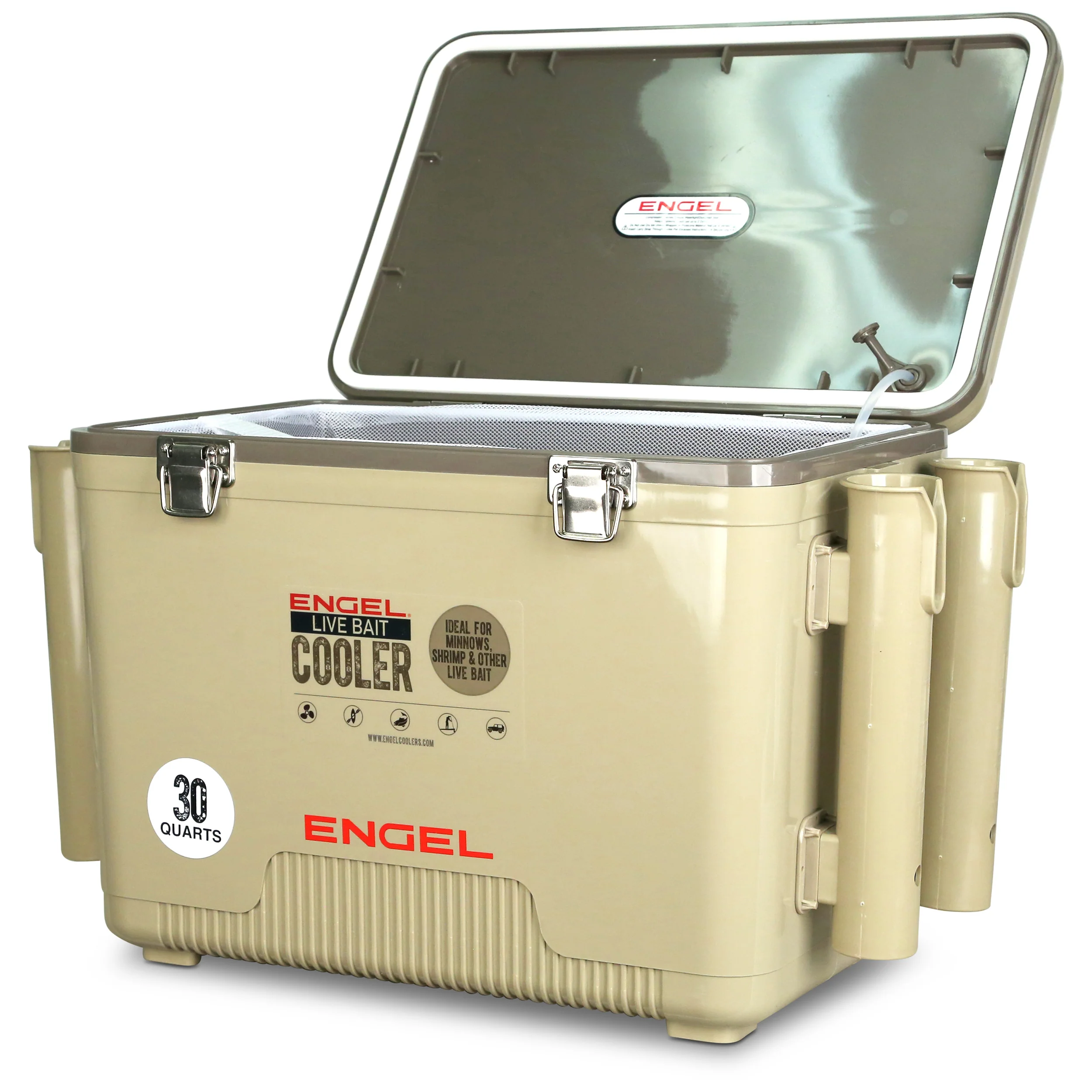 Engel 30Qt Live bait Pro Cooler with AP4 XL Rechargeable Aerator, Rod Holders & Stainless Hardware - Image 11