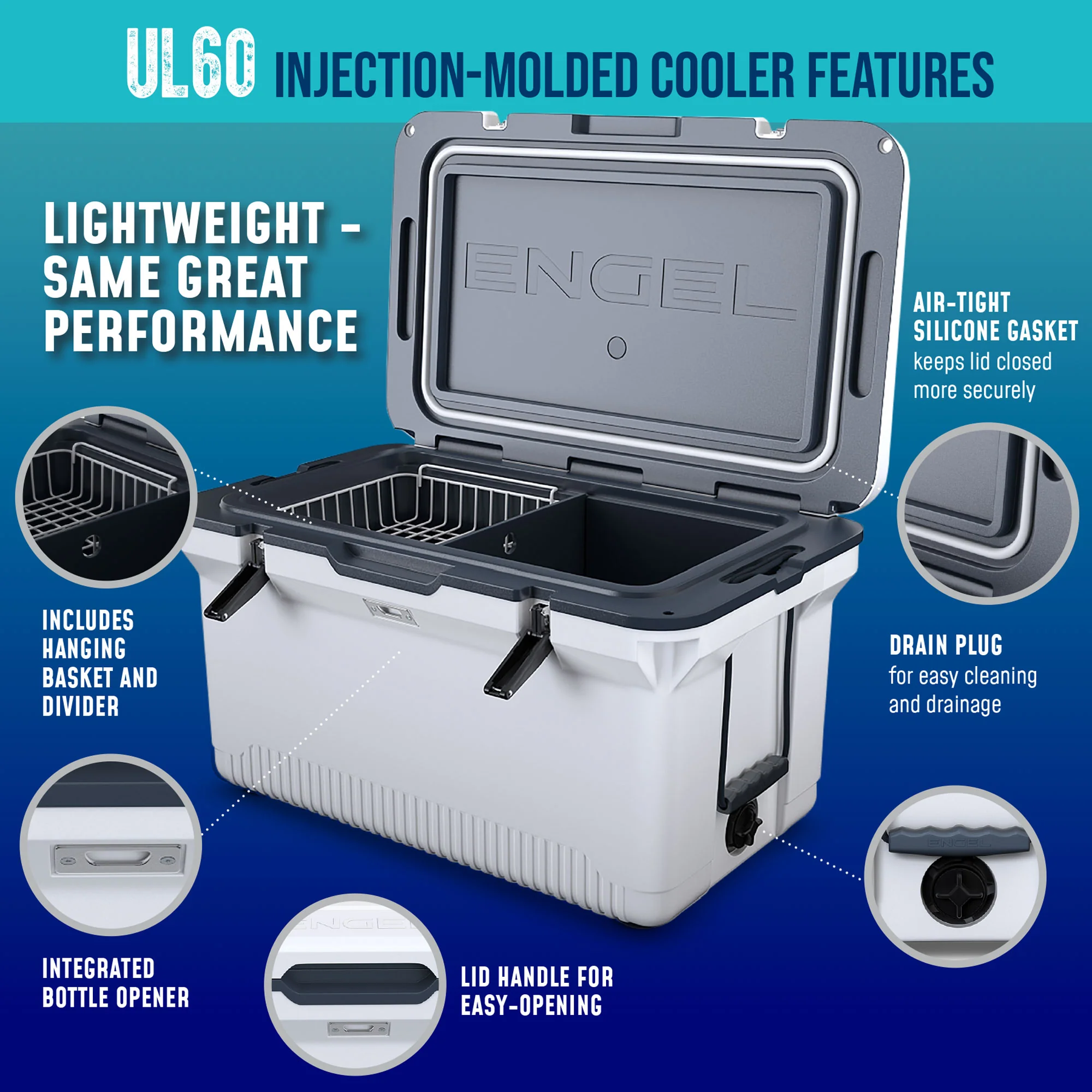 ENGEL 60QT UltraLite Injection-Molded Cooler With Wire Basket and Divider - Image 5